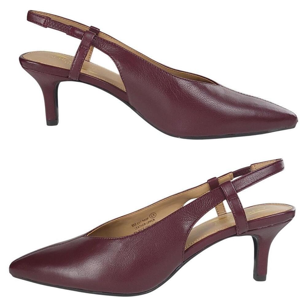 NWOB AEROSOLES Exit Ramp Heels 8M Burgundy Leather Slingback Pointed Toe - Picture 3 of 11